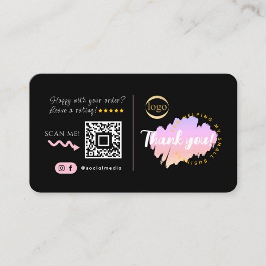 Social Media Custom QR Code Logo Danke Black Visitenkarte (Vorderseite)
