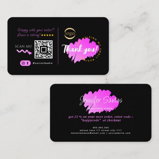 Social Media Custom QR Code & Logos Danke, Black Visitenkarte (Vorne/Hinten)