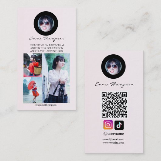 Social Media Influencer QR Code Photo Beige Visitenkarte (Vorne/Hinten)