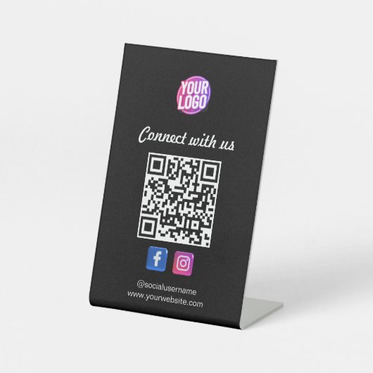 Social Media mit QR Code Black Business Card Sockelschild (Vorderseite)