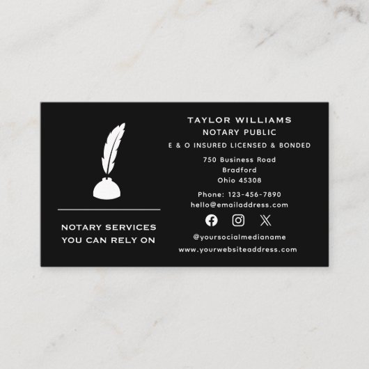 Social Media Mobile Notary Public Quill Feaaather Visitenkarte (Vorderseite)