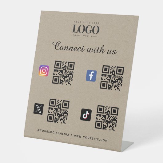 Social Media QR-Logo-Twitter Facebook Kraft Sockelschild (Vorderseite)