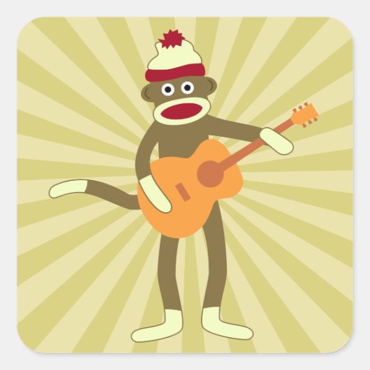 Sock Monkey Acoustic Guitar Quadratischer Aufkleber (Vorderseite)