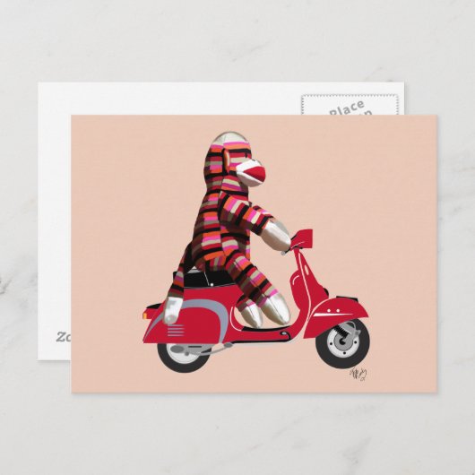 Sock Monkey auf Red Moped Postkarte (Vorne/Hinten)
