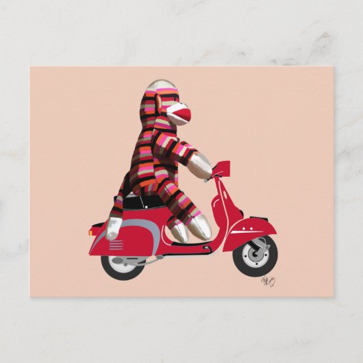 Sock Monkey auf Red Moped Postkarte (Vorderseite)