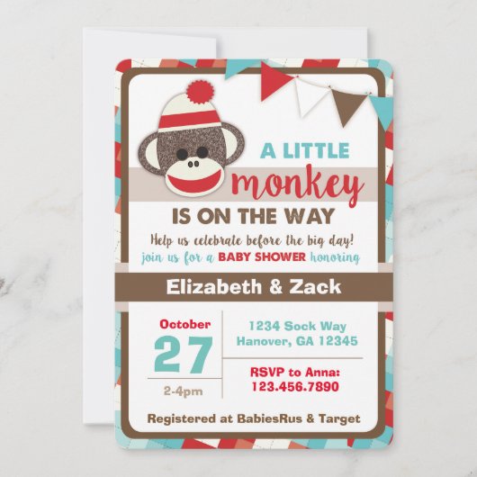 Sock Monkey Babydusche Einladung (Vorderseite)