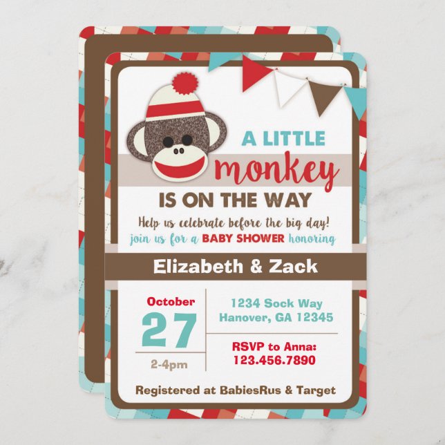 Sock Monkey Babydusche Einladung (Vorne/Hinten)