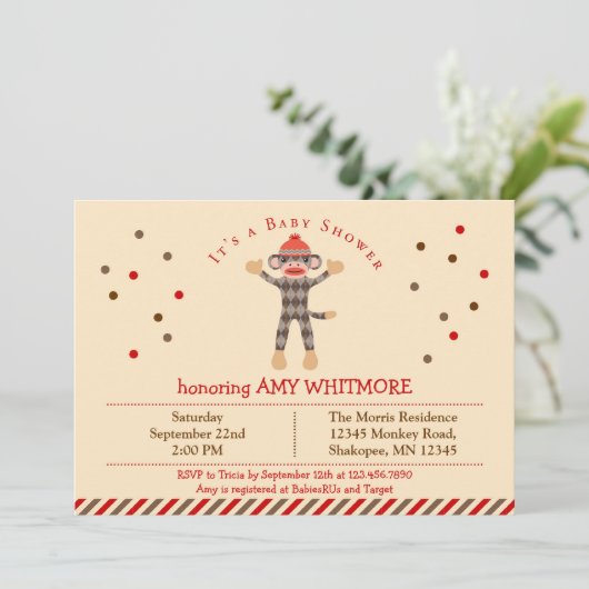 Sock Monkey Babydusche Einladung (Stehend Vorderseite)
