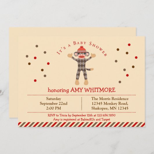 Sock Monkey Babydusche Einladung (Vorne/Hinten)