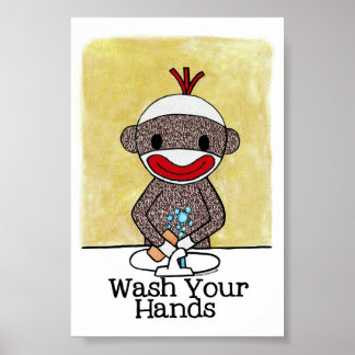 Sock Monkey Bathroom Erinnerung Wash your Hands 4x Poster