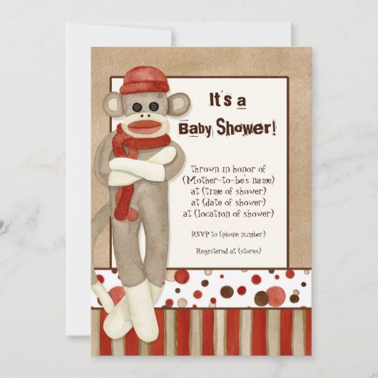 Sock Monkey, Boy Baby Shower Einladung (Vorderseite)