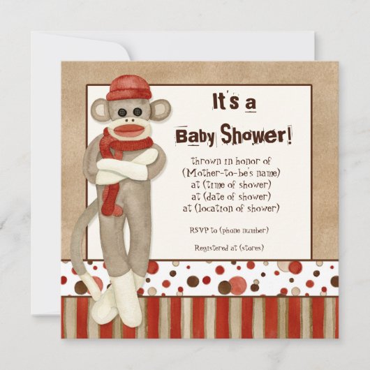 Sock Monkey, Boy Baby Shower Einladung (Vorderseite)