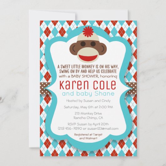 Sock Monkey Boy Baby Shower Einladung (Vorderseite)