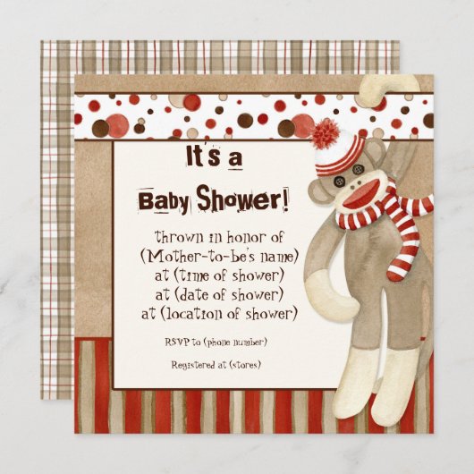 Sock Monkey, Boy Baby Shower Einladung (Vorne/Hinten)