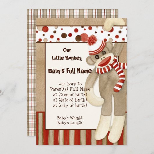 Sock Monkey, Boy Birth Ankündigung (Vorne/Hinten)