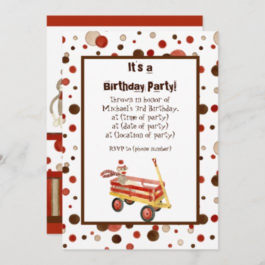 Sock Monkey, Boy Birthday Party Einladung (Vorne/Hinten)