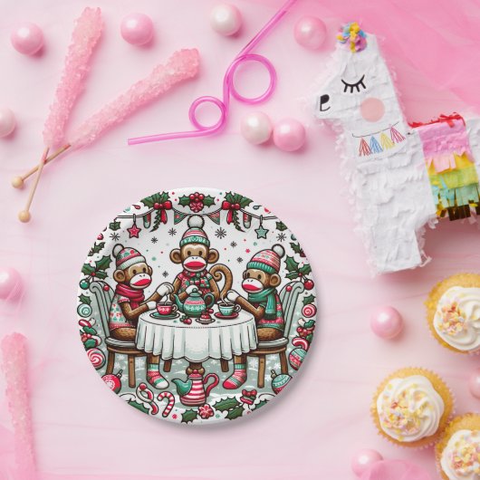 Sock Monkey Christmas Tee Party Pappteller (Party)