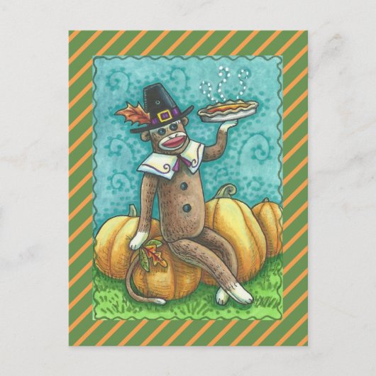 SOCK MONKEY ERNTEDANK UND PUMPKIN PIE POSTKARTE (Vorderseite)
