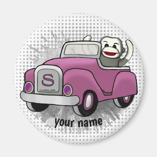Sock Monkey fährt Auto Magnet (Vorne)