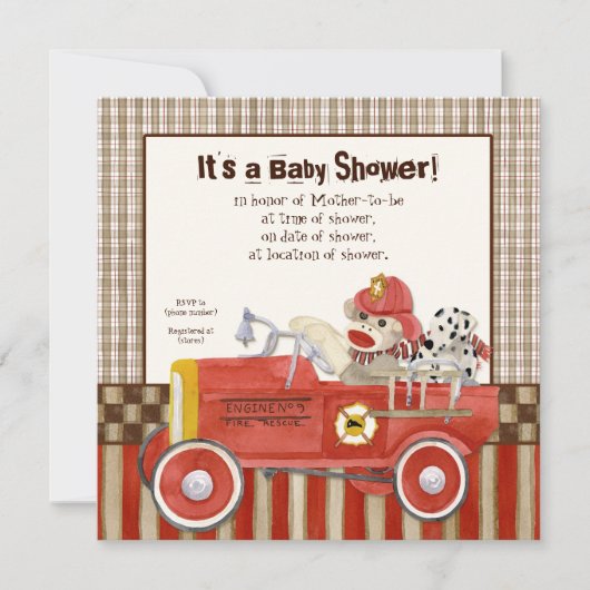 Sock Monkey, Fire Truck Boy Baby Shower Einladung (Vorderseite)