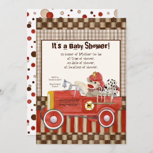 Sock Monkey, Fire Truck Boy Baby Shower Einladung (Vorne/Hinten)