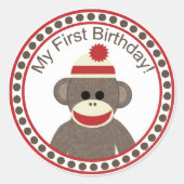 Sock Monkey First Birthday Aufkleber (Vorderseite)