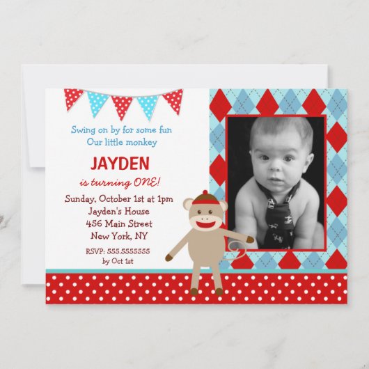 Sock Monkey Foto Geburtstag Einladungen (Vorderseite)
