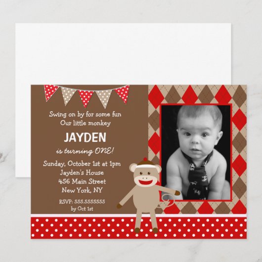 Sock Monkey Foto Geburtstag Einladungen (Vorne/Hinten)