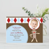 Sock Monkey Foto Geburtstagsparty Einladungen (Stehend Vorderseite)