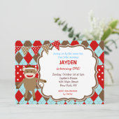 Sock Monkey Geburtstagseinladungen Einladung (Stehend Vorderseite)