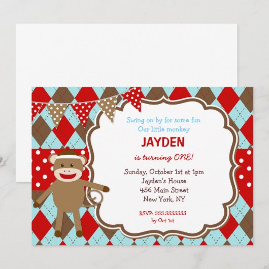 Sock Monkey Geburtstagseinladungen Einladung (Vorne/Hinten)
