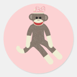 Sock Monkey Girl mit rosa Bugaufkleber Runder Aufkleber