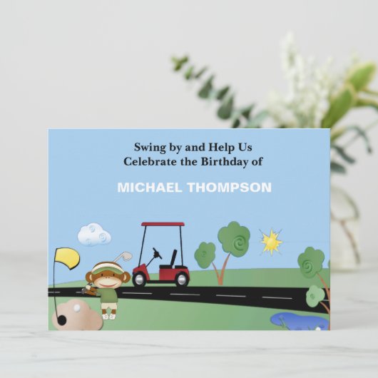 Sock Monkey Golf Geburtstag Einladungen (Stehend Vorderseite)