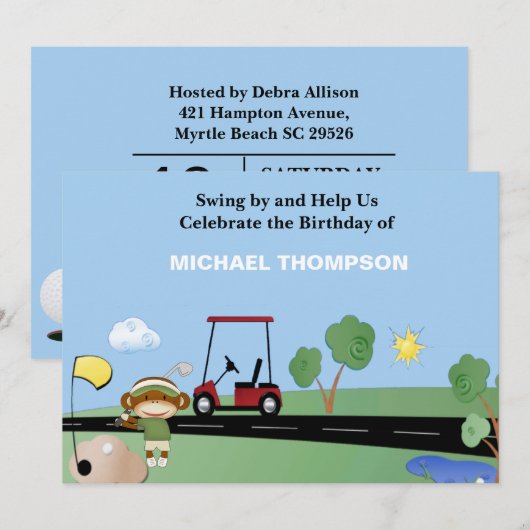 Sock Monkey Golf Geburtstag Einladungen (Vorne/Hinten)