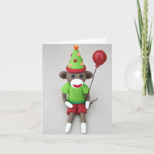 Sock Monkey Happy Birthday mit Red Balloon Karte (Vorderseite)