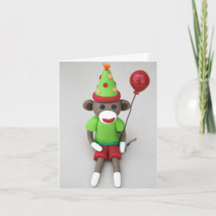 Sock Monkey Happy Birthday mit Red Balloon Karte