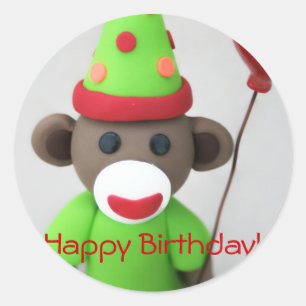 Sock Monkey Happy Birthday mit Red Balloon Runder Aufkleber