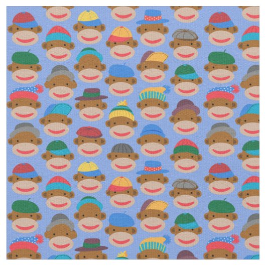Sock Monkey Heads mit Deckel auf Blue Fabric Stoff (Nahaufnahme)