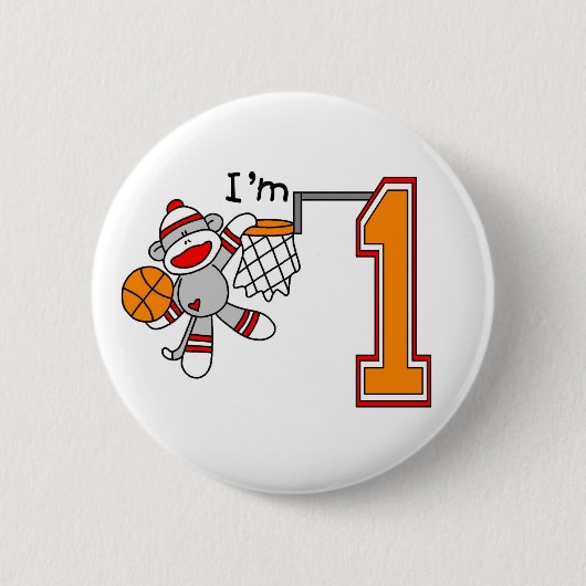 Sock Monkey Hoops 1er Geburtstag Button (Vorderseite)