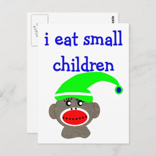 Sock Monkey "I EAT KLEINE KINDER" Postkarte (Vorne/Hinten)