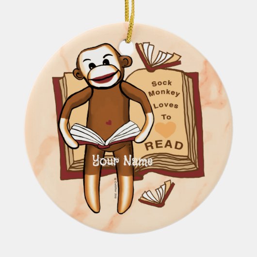 Sock Monkey liest Keramik Ornament (Vorne)