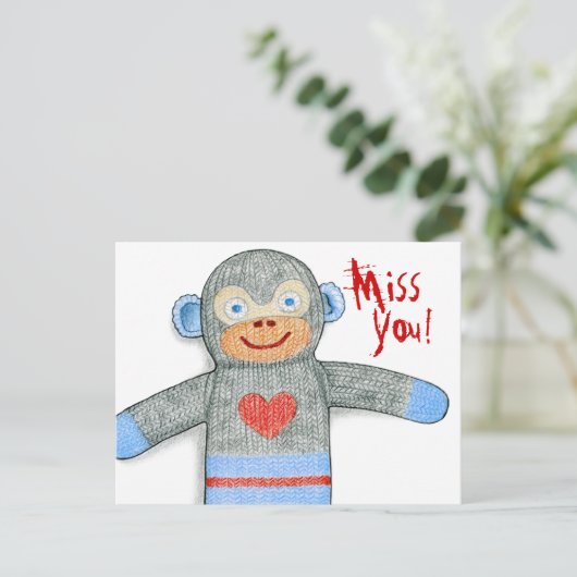 Sock Monkey "Miss You" Postkarte (Stehend Vorderseite)