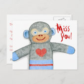 Sock Monkey "Miss You" Postkarte (Vorne/Hinten)