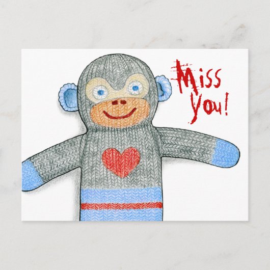 Sock Monkey "Miss You" Postkarte (Vorderseite)