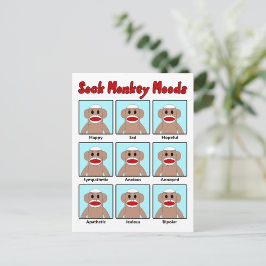 Sock Monkey Moods Postcard Postkarte (Stehend Vorderseite)