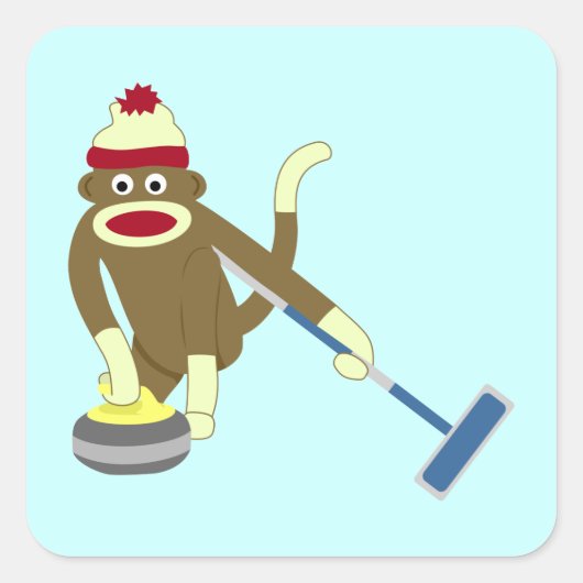 Sock Monkey Olympic Curling Quadratischer Aufkleber (Vorderseite)