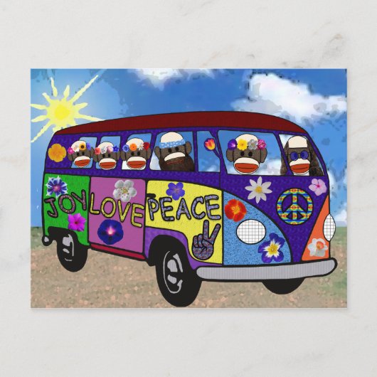 Sock Monkey Peace Bus 2 Postkarte (Vorderseite)