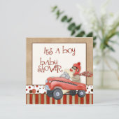 Sock Monkey Pedal Car, Boy Baby Shower Einladung (Stehend Vorderseite)