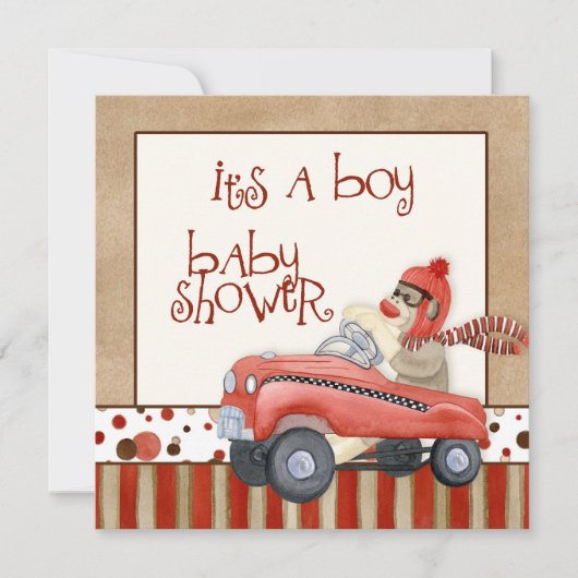 Sock Monkey Pedal Car, Boy Baby Shower Einladung (Vorderseite)