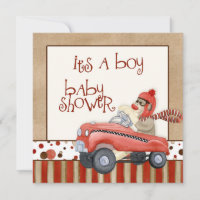 Sock Monkey Pedal Car, Boy Baby Shower Einladung